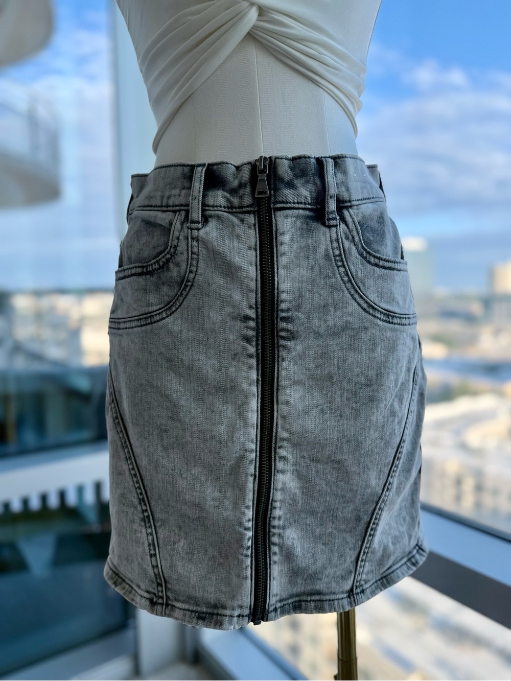 Express Extreme High Rise Grey Acid Wash Zip Front Denim Mini Skirt